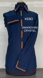 FULL  ZIPPER  BLouse STRETCH  D. Blauw.  HEXA. SWAROVSKI CRYSTEL